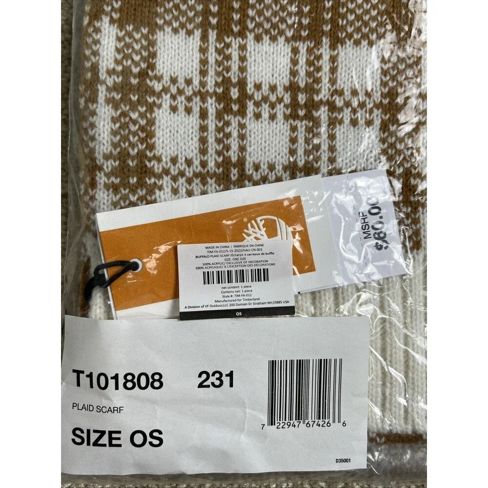 NWT $60 Timberland Unisex Buffalo‎ Plaid Scarf Beige Acrylic One Size